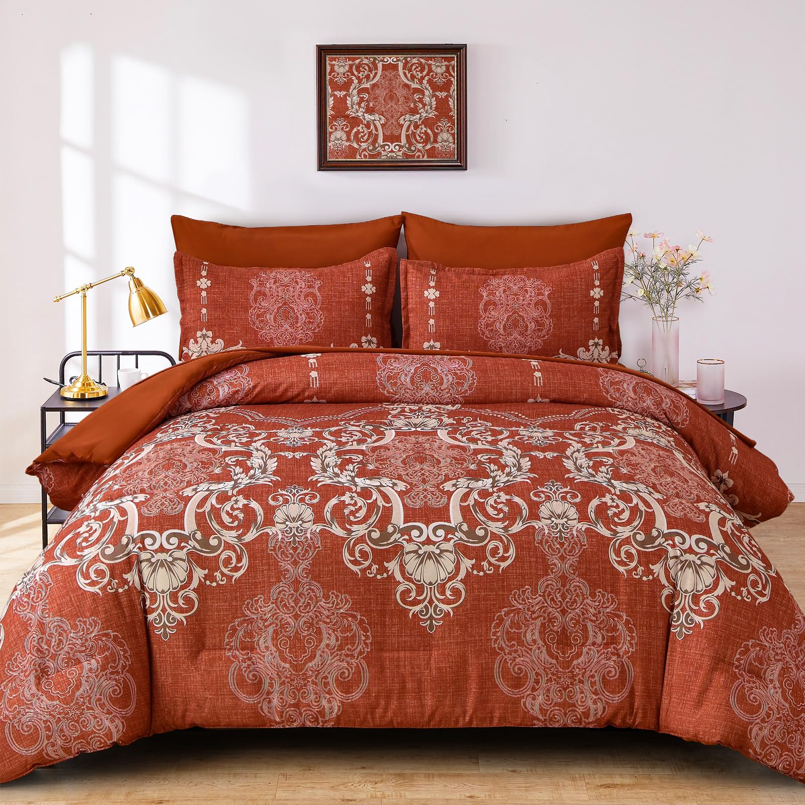 Mybedsoul 7 Pieces Terracotta Comforter Set Queen Size, Damask Bed In A Bag For Queen Bed, Lightweight Microfiber Boho Bedding S